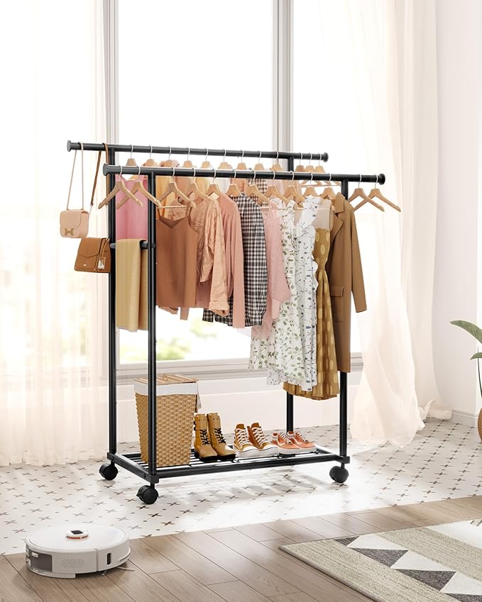 Metal Clothes Rack - Double Rod Clothing Rack with Fixed Design and Rolling Wheels, Coat Rack with Built-In Shelf for Closet Organizers and Storage (38.5" x 16.9" x 59.0", Black)