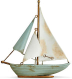 Retro Metal Sailboat Decor, Iron Nautical Sculpture for Home, Vintage Boat Figurine for Living Room Table, Office Desk, Bookshelf, Coastal Style Decoration (Blue & White)