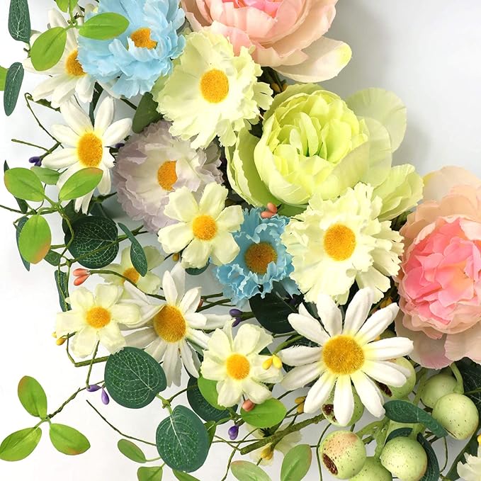 JINGHONG 24” Artificial Flower Wreath,Daisy and Rose Wreath Colorful Spring/Summer Floral Wreaths for Front Door Wall Window and Holiday Festival Party Banquet Wedding Decor