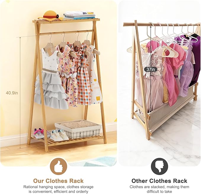 Bamboo Kids Clothing Rack,Small Dress Up Clothes Rack for Kids,Child Dress Up Rack with 2 Storage Shelves,Portable Garment Rack for Playroom Toddles Bedroom