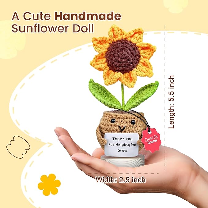 Gossby Teacher Appreciation Gifts - Thank You for Helping Me Grow - Mother's Day, Birthday, Graduation, End of Year, Thank You, Teacher's Day Gift from Student - Handmade Positive Sunflower Crochet