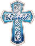 OKSQW 11" Wall Cross Handmade White Wood & Blue Iron Christians Spiritual Religious Cross with Hook Christmas Wall Hanging Cross with Blessed Design Crucifix Gift for Church Home Room Decor