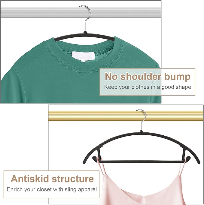 Ergonomic Curved Plastic Hangers 50pack - No Shoulder Bump Design, Non-Slip Grip for Delicate Fabrics, Heavy Duty Clothes Hangers, Holds Up to 11lbs - Ideal for Silk, Coats & Winter Wear(Black)