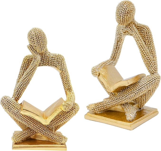 Sparkling Gold Reading Women Statue Set, Thinker Sculptures, Abstract Art Ornament, Modern Aesthetic Figurine Decoration for Home Living Room Bedroom Office Shelf Table Desk Bookshelf Decor