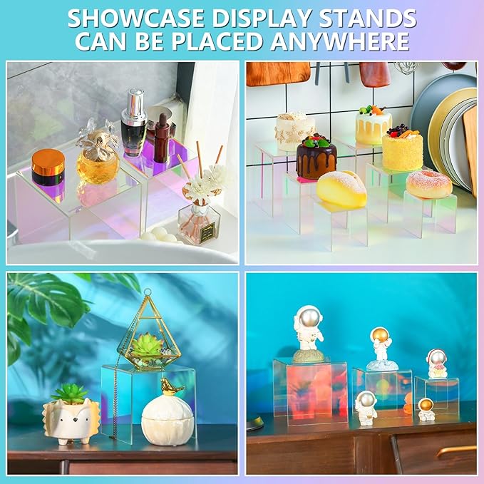Chuangdi 2 Sets Acrylic Display Risers, Product Stand, Jewelry Display Riser Shelf Showcase Fixtures for Dessert Cupcake Candy Figure Treat Action Showcase(Rainbow Color,Medium Set)