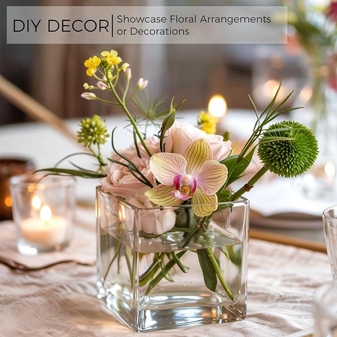 CONNOO 12 Pack Square Glass Vase 3" x 3" x 3", Clear Bulk Flower Vases for Centerpieces, Square Glass Cube Vase Floating Candle Holders for Wedding Party Home Decor