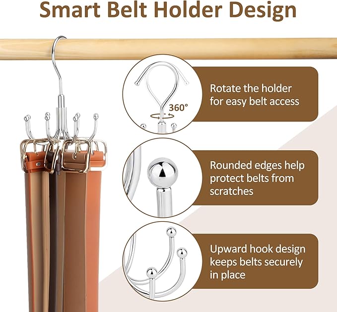ZEDODIER 2 Pack Belt Organizer for Closet, Heavy-Duty Rotating Belt Hanger Rack Holds up to 48 Belts, Hanging Space Saving Metal Belt Holder for Closet Storage, Silver