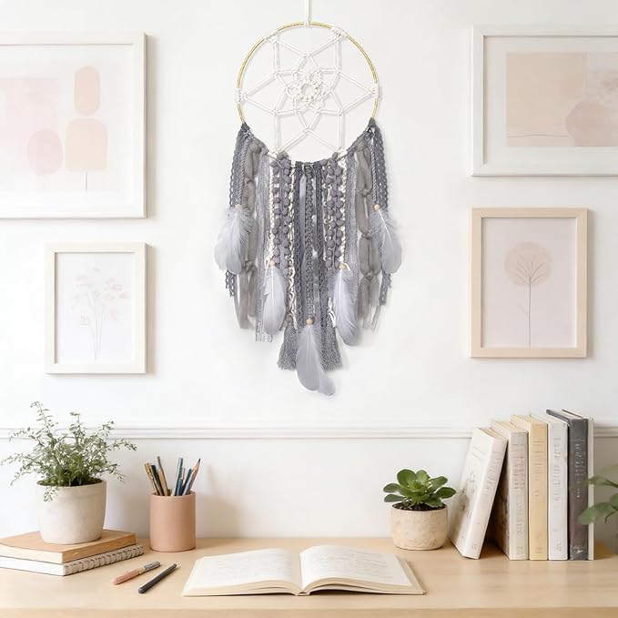 LOMOHOO Large Dream Catcher Handmade Feather Dreamcatcher, Traditional Dream Catchers with Woven Tassels Boho Wall Hanging for Girl Kids Bedroom Baby Room Home Decor Craft Ornament Gift (Grey)