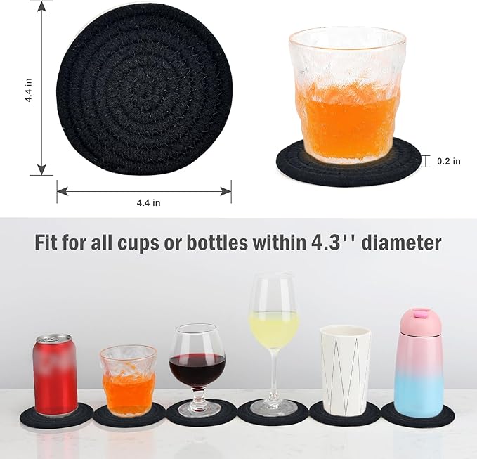 ABenkle Drink Coasters with Holder Set of 10, Cotton Woven Absorbent Coasters for Drinks, Minimalist Home Decor Coaster Set for Wooden Tabletop Protection Table, 4.3 inches