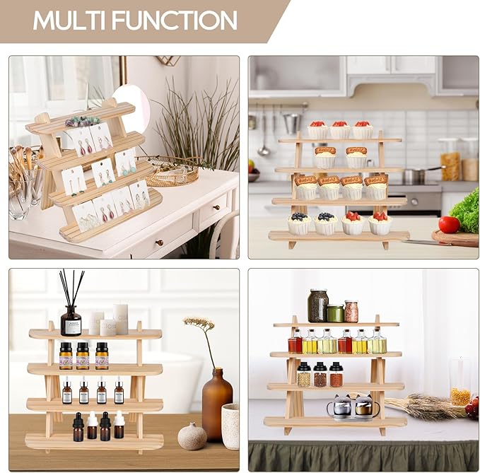 Wooden Cupcake Display Stand, Wood Rustic Risers 4 Tiers for Display Ideal Craft Funko Pop Shelves, Table Display Stand for Vendors, Earring & Ring Holder Stands, Outdoor Plant Stand Indoor-Natural