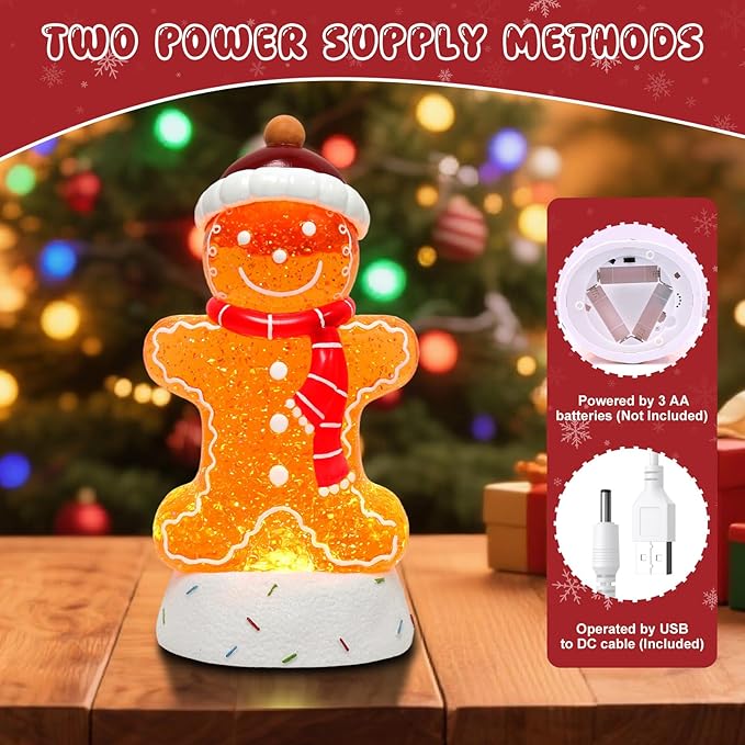 Gingerbread Christmas Snow Globe Lantern with 8 Music Songs & 6H Timer Water Snow Globe Lantern USB & Battery Operated for Christmas Festival Decorations Gifts (Gingerbread)