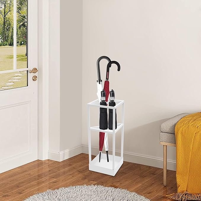DouSeiAi 20 Inch Geometric Umbrella Stand, Metal Freestanding Umbrella Rack with Shelf, Entryway Organizer with Bottom Drip Tray for Drip Dry, Holds Umbrellas, Canes, Walking Sticks (White)