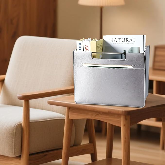 Leather Magazine Holder Foldable with Handles，Stable Magazine Rack Floor，Magazine Basket File Holder Storage，Document File Folder Organizer Free Standing for Office Living Room (grey)
