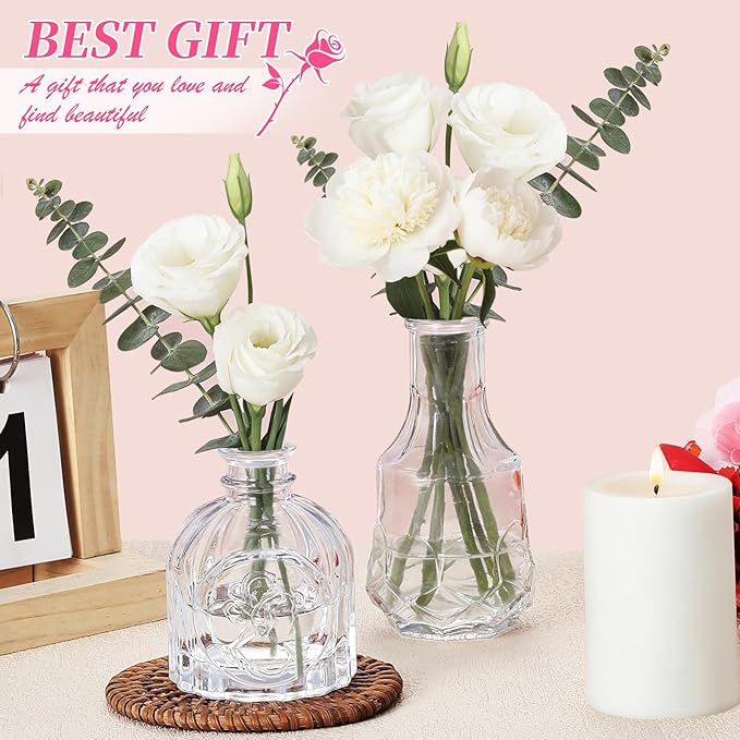 32pcs Glass Bud Vases,Small Clear Vases,Wedding Centerpiece Table Decorations,Clear Vintage Embossed Mini Vase,Flower Arrangements in Vases for Party or Home Decor
