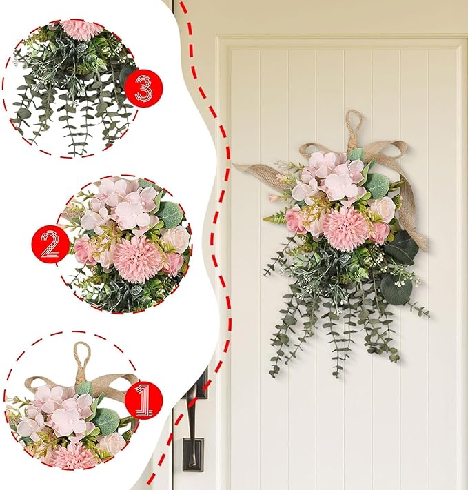 Artificial Eucalyptus Wreath Fake Floral Swag Front Door Teardrop Wreath Front Door Hanging Garland for Festival Holiday Home Party Supplies - Pink