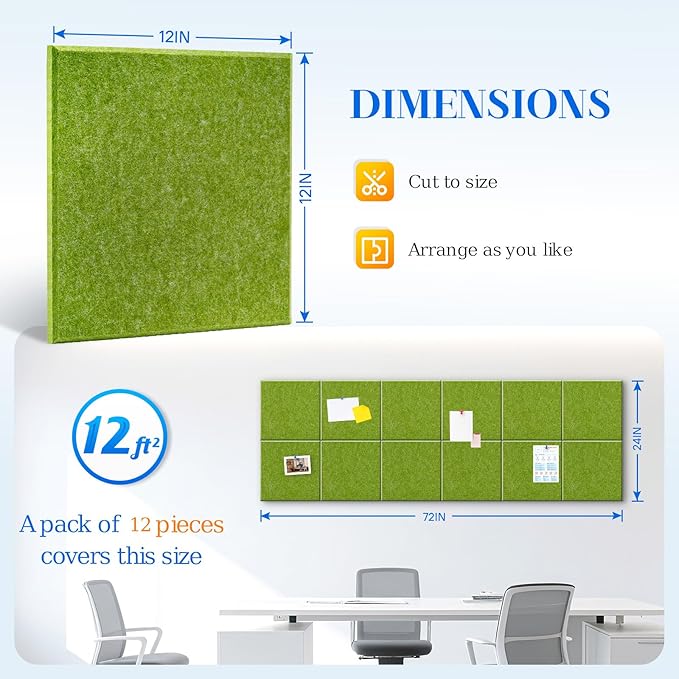 DOLLAR BOSS Large Cork Board for Wall 48" x 36" x 0.5" Bulletin Board 12 Packs Corkboard Tiles Self Adhesive Felt Wall Tiles for Office Home School, Green