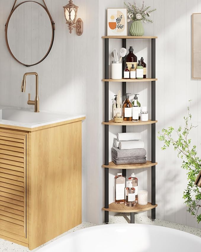 IBUYKE 5 Tier Corner Shelf Stand,Industrial Corner Display Rack,Corner Bookshelf for Living Room, Bedroom, Kitchen, Home Office, Oak WBC010K