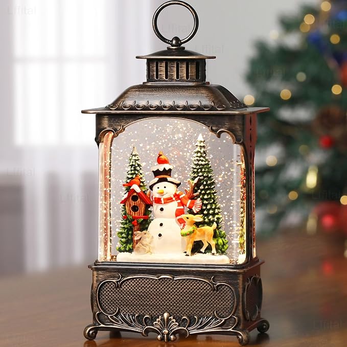 Christmas Snow Globes Snowman Snow Globe Lantern, Lighted Christmas Decorations Indoor for Home with Music Timer Glitter, Deer Cardinal Scene Musical Festival Gifts, USB & Battery Operated