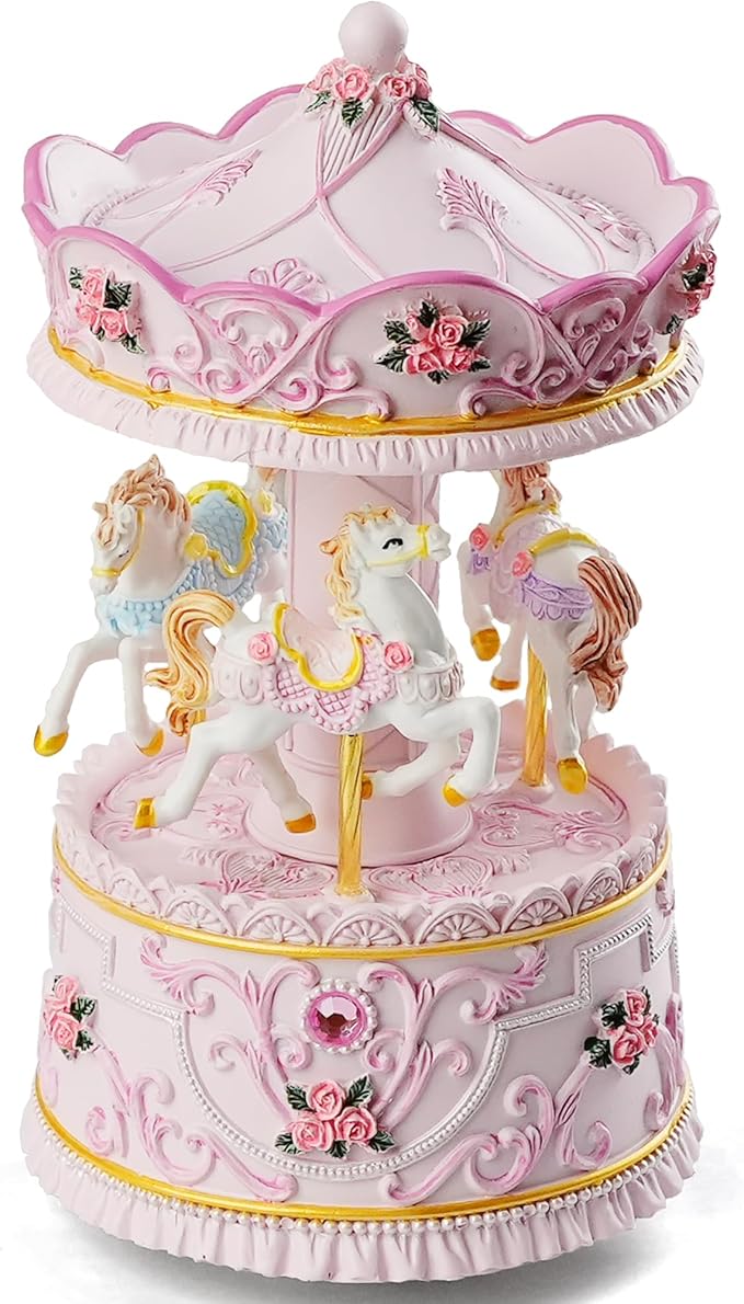 Enchanting Pink Carousel Music Box with LED Lights, Plays Castle in the Sky, Elegant Rotating Horse Figurines, for Girls, Women, and Romantic Occasions, Collectible Home Decor Ornament