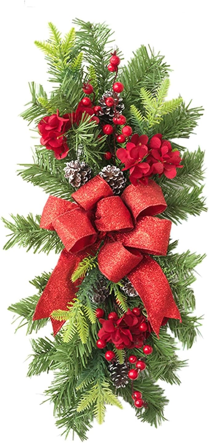 SM SunniMix Christmas Swag Teardrop Swag Artificial Wreath Door Swag Decorative Bow Ornament Lightweight PP Material Suitable for Gift Giving Home Decoration, Red