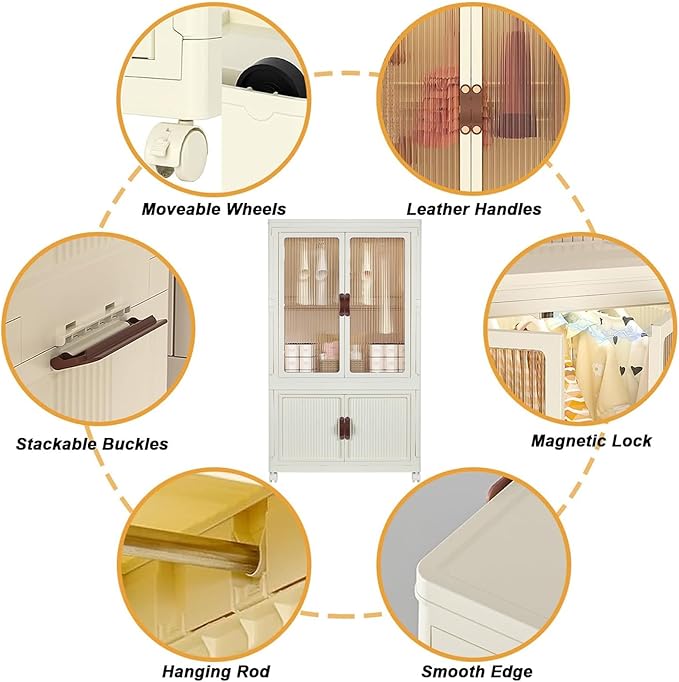 Portable Closet Wardrobe, Folding Storage Bins with Lid, Stackable Storage Box with Hanging Rod and Doors, Collapsible Plastic Clothes Cabinet with Wheels, 10 Hangers
