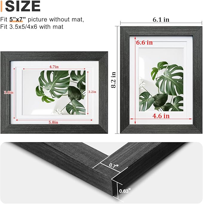 Egofine 5x7 Picture Frames Set of 4, Made of Solid Wood Covered by Plexiglass 3.5x5 and 4x6 with Mat or 5x7 without Mat, for Table Top Display and Wall Mounting Photo Frame Rustic Black