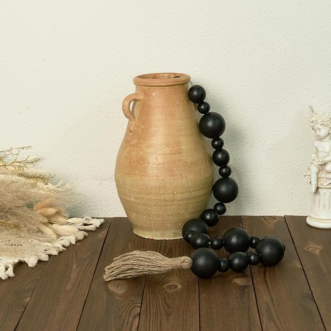 2" Extra Large Wood Bead Garland with Tassels, 44" Long Rustic Farmhouse Wooden Beads Garland, Decorative Beads Boho Decorations for Home Table Mantle Black