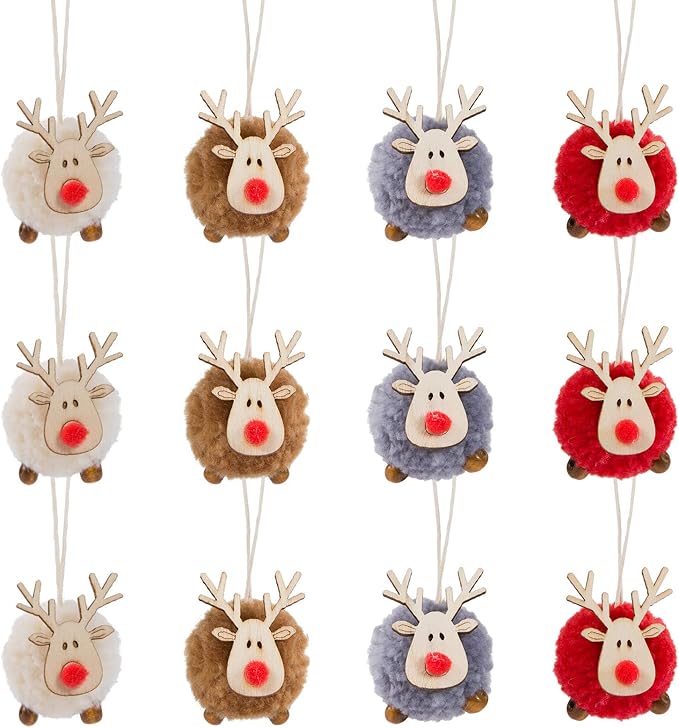 12 Pack Christmas Felt Elk Hanging Ornaments- Christmas Tree Wooden Reindeer Hanging Pendants Decorations for Xmas Party Tree Home Decor(4 Colors)
