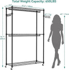 Heavy Duty Rolling Garment Rack, 3 Tiers Wire Shelves Adjustable Freestanding Portable Rolling Clothing Rack with Lockable Wheels, 47.2''L x 15.8''W x 78.8''H, Max Load 650LBS