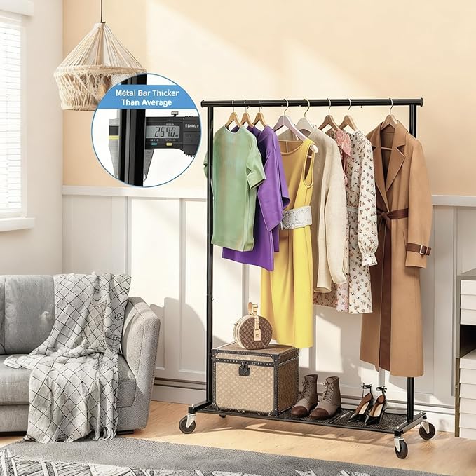Clothes Rack for Hanging Clothes, 64.25 Inch Clothing Racks with Wheels, Portable Rolling Clothes Garment Rack for Bedroom, Laundry, Living Room, Black