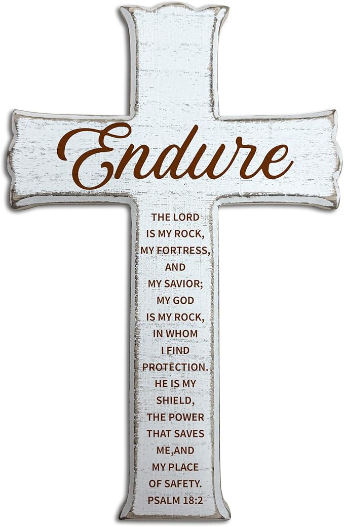 dsjaidh Cross Wall Decor - White Scripture Wooden Cross For Wall - Minimalist Wooden Hanging Signs Christian Easter Decor for Home Office Church Baptism - Christian Gifts for Men Women (Endure)- A01