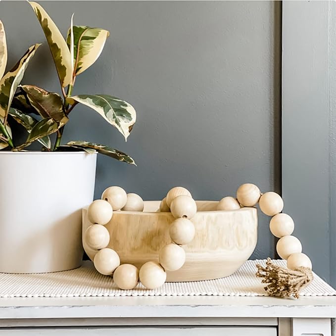 Farmhouse Decor Large Wood Bead Garland 50inch long with 1.6" Diameter beads, Natural Wooden Beads Decor with Tassels Decorative Boho Country Decoration for Coffee Table Home Tiered Tray Wall Hanging