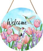 Welcome Spring Summer Hummingbirds Sign for Front Door Decor Spring Floral Wood Door Hanger Sign Spring Decorations Seasonal Farmhouse Wreath Wall Hanging Sign for Home Outdoor Outside Porch 12”x12”