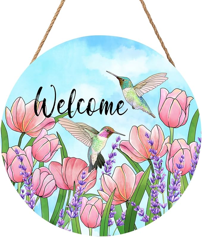 Welcome Spring Summer Hummingbirds Sign for Front Door Decor Spring Floral Wood Door Hanger Sign Spring Decorations Seasonal Farmhouse Wreath Wall Hanging Sign for Home Outdoor Outside Porch 12”x12”