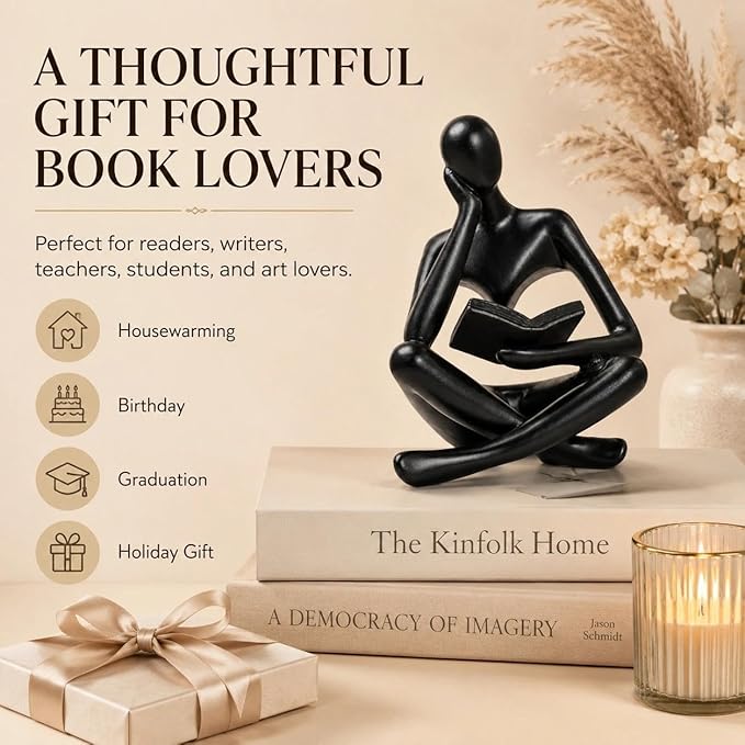 Black Bookshelf Decor Thinker Statue, Abstract Reading Figurine Style A, Resin Decorative Bookend for Coffee Table, Shelf, Home Office, Library