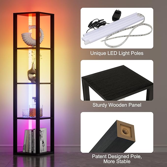 VILICK Corners Shelf with Light 5 Tier Tall Standing Shelf Dimmable Corner Floor Lamp with Shelves LED Corner Bookshelf Display Cabinet Shelf for Living Room, Bedroom, Home Decor