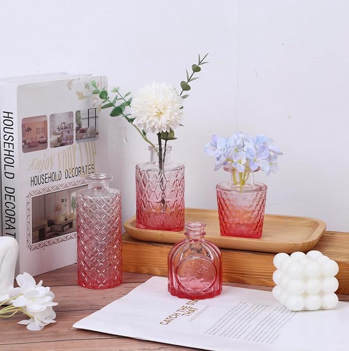 12 Pack Pink Glass Bud Vase Set, Small Vintage Vases for Centerpieces, Decorative Flower Vases for Wedding Home Table Decor