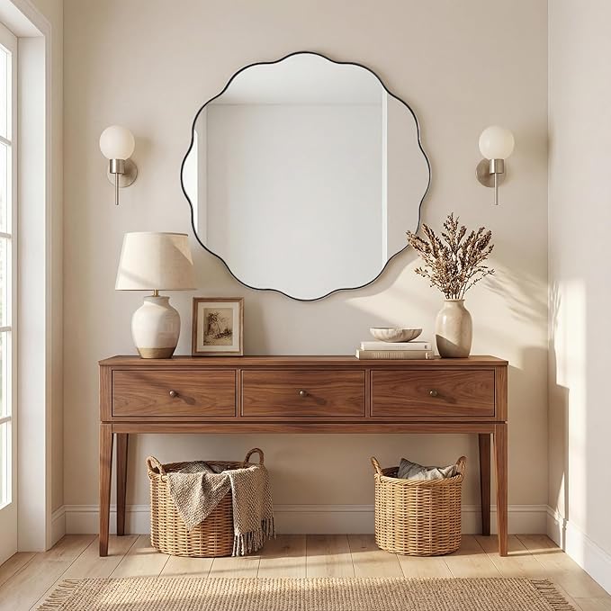 ANDY STAR Chrome Round Wall Mirror 36 inch, Polished Metal Frame Circle Bathroom Mirror in SUS304 Stainless Steel Frame, with Unique Modern Circular Wavy Design