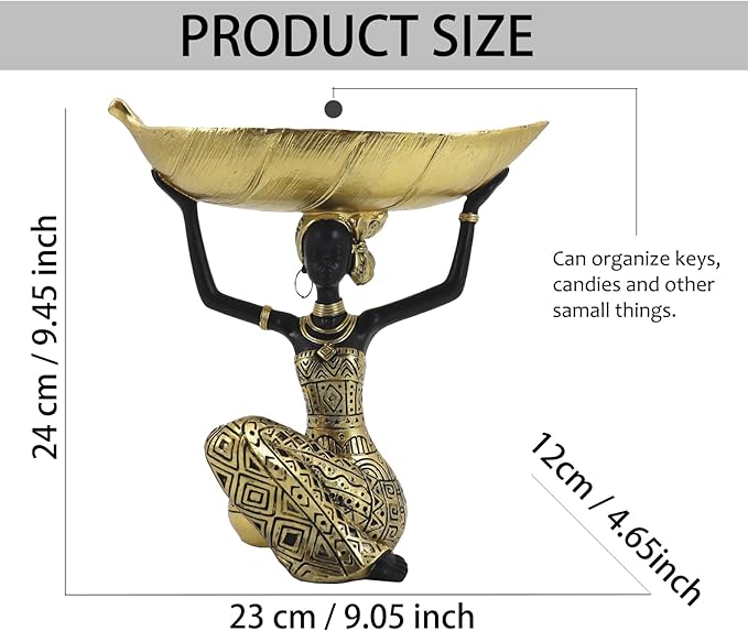 Lescafita African Woman Sculpture with Gold Leaf Bowl, Handmade Resin Figurine, Exotic Tribal Art Statue for Living Room, Dining Table, or Entryway Decoration