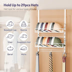 SWTYMIKI Over Door Hat Organizer - 3 Tier Wall Mounted Hat Rack with 2 Adjustable Metal Basket and 3 Hooks, Hanging Baseball Cap Organizer Storage Holds up to 29 Caps for Door, Bedroom, Closet