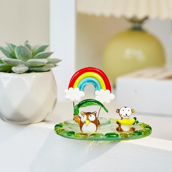 H&D HYALINE & DORA Blown Glass Owl and Monkey Figurine Miniature Aniamal Figurine with Round Base Handmade Glass Animal Collectible Figure for Christams Home Tabletop Decor