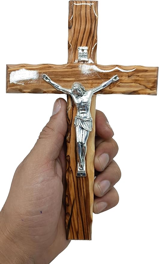Zuluf 7.8" Olive Wood Latin Cross with Silver Plated Crucifix Christian Wall Gift from Bethlehem Holy Land CRS064