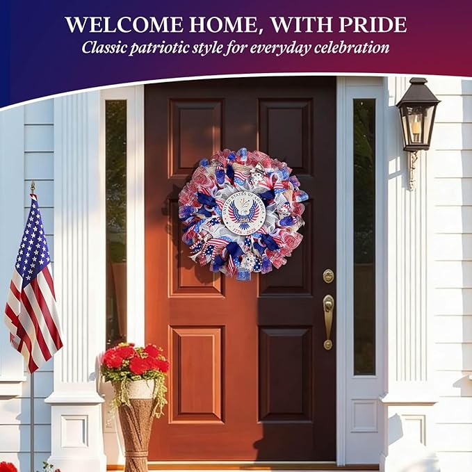 250th Anniversary Patriotic Wreaths for Front Door, 24 Inch Large 4th of July Wreath with Removable 1776-2026 Eagle Door Sign, Handcrafted Memorial Day Decorations with Light &Storage Bag