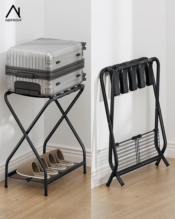 Luggage Rack with Storage Shelf, Foldable Suitcase Stand, Heavy Duty Metal Luggage Holder, 150 lbs Top Capacity, 50 lbs Bottom Shelf, for Guest Room, Bedroom, Hotel LR-BK-1