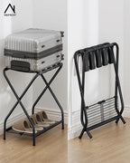 Luggage Rack with Storage Shelf, Foldable Suitcase Stand, Heavy Duty Metal Luggage Holder, 150 lbs Top Capacity, 50 lbs Bottom Shelf, for Guest Room, Bedroom, Hotel LR-BK-1
