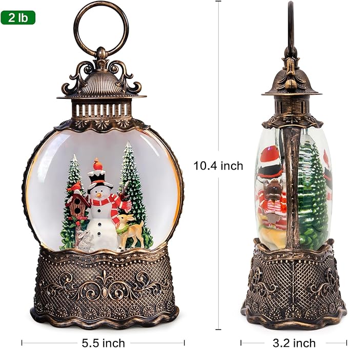 Christmas Snow Globes Lantern with Music, Snowman Snow Globes with Swirling Glitter Effects, USB/Battery Powered with 6-Hour Timer, Christmas Decorations