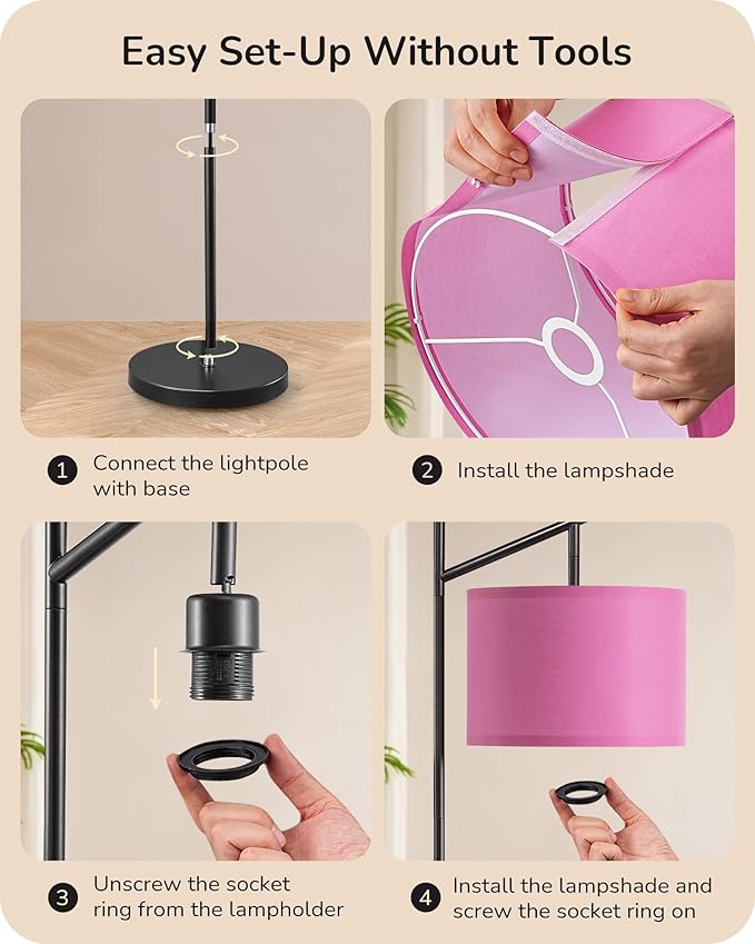 EDISHINE Modern Floor Lamps for Living Room, 64.7" Minimalist Standing Lamp with 3 Color Temperatures Bulb & Adjustable Linen Shade, Foot Pedal Switch, Arc Tall Lamp for Office Bedroom, Pink