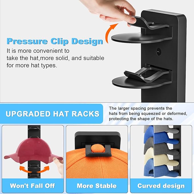 Eiito Hat Organizer for Baseball Caps, 2 Pack Strong Adhesive Hat Rack for Wall, Multilayer Hat Storage Display Holder, Wall Mounted Hat Hooks Hold up to 16 Hats for Closet Door and Bedroom (Black)