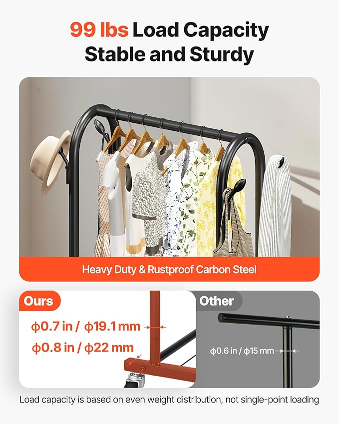 VEVOR Clothes Rack, Rolling Clothing Garment Rack with Hanging Rod and Side Hooks, 3 Storage Shelves, 99 lbs Load Capacity, Heavy Duty Carbon Steel Clothing Racks for Bedroom, Laundry, Living Room