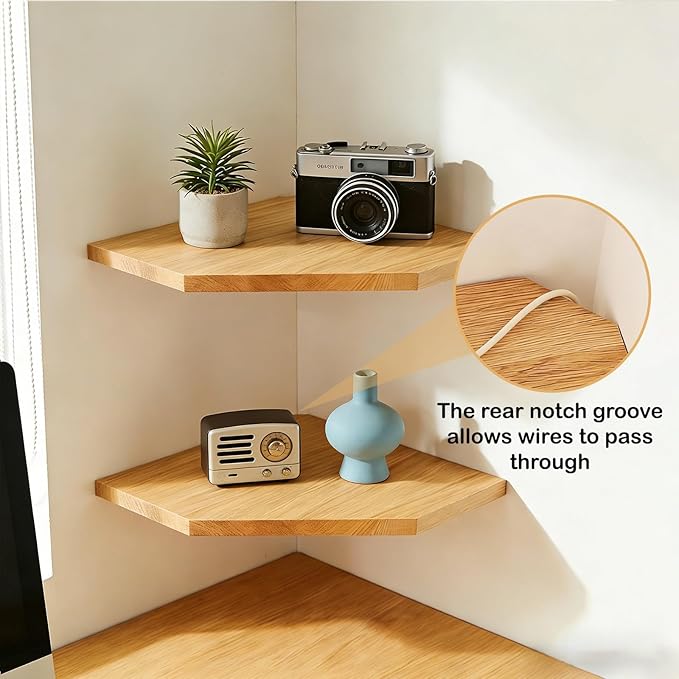 JiudunsKylight Wall Mounted Corner Floating Shelf with Wire Hole, 13.2 Inch Corner Wall Shelf Rack for Living Room, Bedroom, Kitchen Decor, Storage for Plants, Photos, Speakers (Oak,1 Pack)
